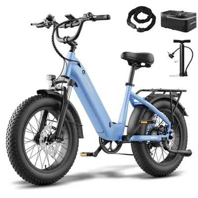 Produktbild von E-Bike 20 Zoll Alu-Fatbike mit tiefem Einstieg, 150 kg Zuladung, 15Ah Akku & Hydr. Scheibenbremsen, Blau