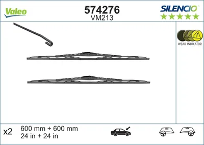 Produktbild von VALEO Silencio - VM213 - Set aus langlebigen und widerstandsfähigen Ganzjahres-Wischblättern für konventionelle Windschutzscheiben600mm/600mm - Vorne - Set mit 2 Wischerblättern - 574276