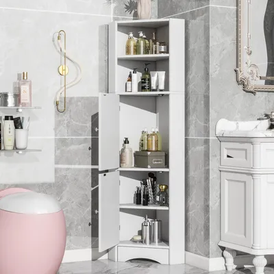 Image de OKWISH Meuble de Salle de Bain, Armoire de Salle de Bain Moderne avec Étagères Réglables et Compartiment Ouvert, Meuble de Rangement d'Angle - Panneau de Particules - Blanc