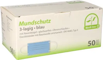 Produktbild von "Medi-Inn" Mundschutz Type II 3-lagig 9 cm x 17,5 cm blau mit Nasenbügel