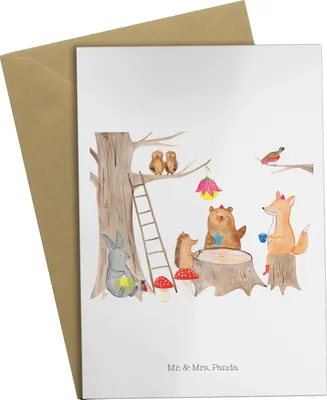 Produktbild von Mr. & Mrs. Panda Klappkarte Waldtiere Picknick - Weiß - Geschenk, einladungskarten, Fuchs, Lustige Sprüche, Beileidskarte, Grußkarte, Hase, weihnachtskarten, Eichhörnchen