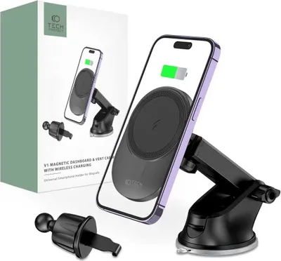 Produktbild von Tech-Protect Mm15W-V1 Magnetisches Magsafe-Armaturenbrett Und Lüftungsschlitze, Kabelloses Ladegerät Zur Automontage, 15 W, Schwarz
