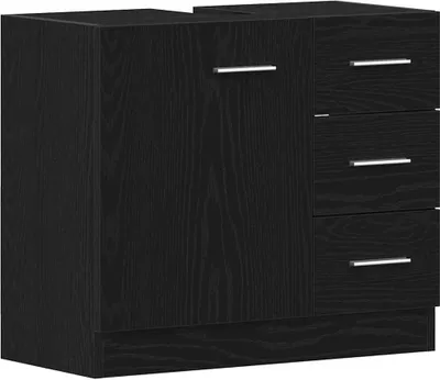 A black wooden cabinet with drawers and a door.