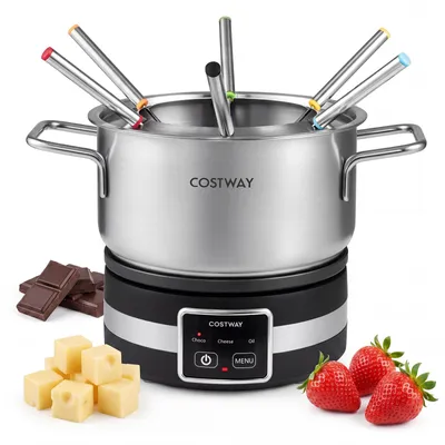Productafbeelding van COSTWAY Elektrische fondueset, 1200W, met 8 gekleurde vorken en een vorkenhouder, 2,3 liter roestvrijstalen pan, vaatwasmachinebestendig, geschikt voor kaas en chocolade