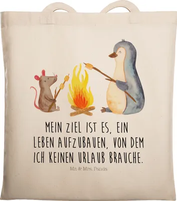 Produktbild von Mr. & Mrs. Panda Jutebeutel Pinguin Lagerfeuer - Transparent - Geschenk, Tasche, Job, Motivation, Einkaufstasche, Maus, Laptoptasche, Schultasche, Stoffbeutel