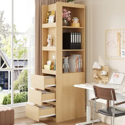 Produktbild von Schmales Bücherregal 200 cm hoch Standregal mit 3 offenen Fächern und 3 Schubladen beidseitig stellbar Anti-Kipp-Sicherung 60x40x200 cm Badezimmerschrank