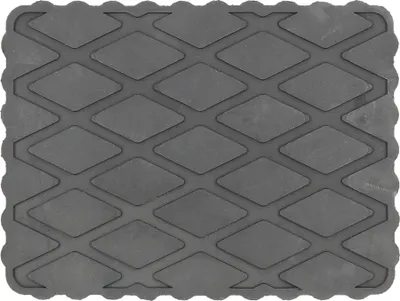 A close-up, top-down view of a dark gray rubber pad with a diamond-shaped tread pattern.