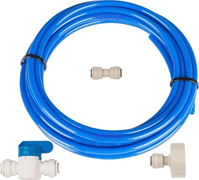 Produktbild von Wasseranschlussset für Kühlschränke Blauer Schlauch 5m, Ventil 1/4, Kupplung 1/4, Reduktion 3/4-1/4 - Zum Anschluss an Wasserfilter