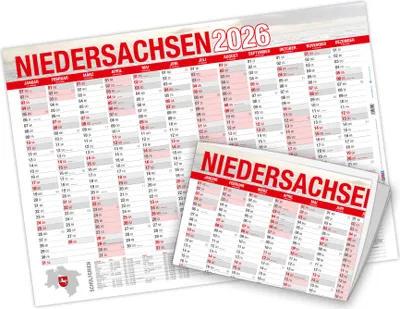 Produktbild von itenga Jahresplaner Niedersachsen 2026 Wandkalender DIN A2 (59,4 x 42,0 cm), 250 g/m², gefalzt auf DIN A4