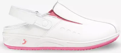 A white and pink clog-style shoe with a slingback strap.
