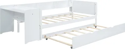 A white multifunctional children's bed with a pull-out trundle bed and an integrated desk.
