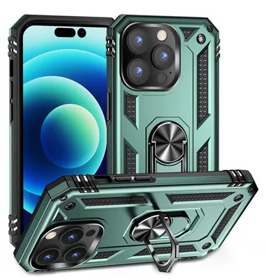 Productafbeelding van MobyDefend Hoesje - Geschikt voor iPhone 14 Pro Max  -  Pantsercase Met Draaibare Ring - Lichtgroen