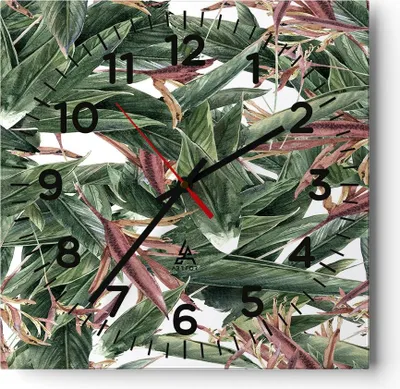 Produktbild von Wanduhr - Quadrat - Glasuhr - Pflanze Blatt Blume - 30x30cm - Schleichendes Uhrwerk - Lautlos - zum Aufhängen bereit - Dekoration Modern - Wanddekoration aus Glas - C4AC30x30-3844