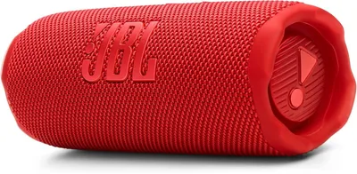 A red JBL speaker is shown against a white background.