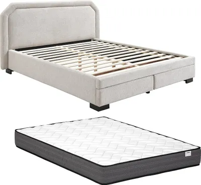 Produktbild von Bett mit Schubladen + Matratze - 140 x 190 cm - Stoff - Beige - INASTO