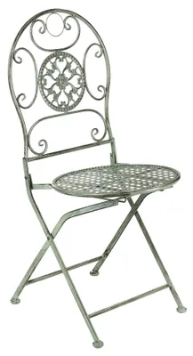 A single vintage-style metal garden chair is shown against a white background.