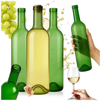 Zdjęcie produktu dla SuperButelki - 10x Butelka szklana Bordeaux 750 ml z korkiem aglomerowanym, zielone szkło, klasyczna na wino, nalewki, cydr, butelki 0,75 l zestaw