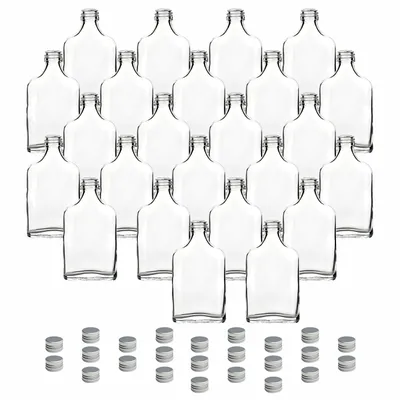 Produktbild von gouveo 24er Set Glasflaschen 40 ml Flachmann mit Schraubverschluss silberfarben - Mini Flasche 0,04 l zum Befüllen - Glasfläschchen für Likör, Whisky, Schnaps oder zum Basteln