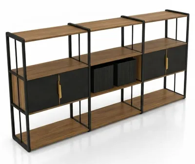 Obrázek produktu pro Moderní regál, knihovna, kovová konstrukce, dřevo, komoda, industriální styl