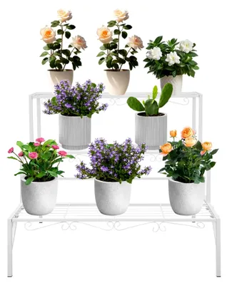 Produktbild von 3-stufige Blumentreppe, Pflanzenregal aus Metall, freistehender Pflanzenständer für Innen- und Außenbereich, Balkon, Garten, 70x58x60 cm (Weiß)