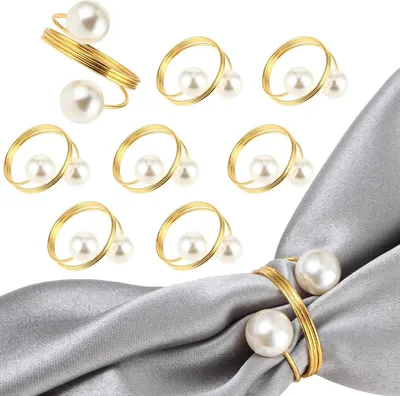 Produktbild von 8 Stück Serviettenring Gold Matt Stoffservietten Ringe Doppelt Perlen Metall Serviettenringe für Dining Jubiläum Geburtstag Weihnachten Kerzenlicht Bankett Hochzeit Dekoration