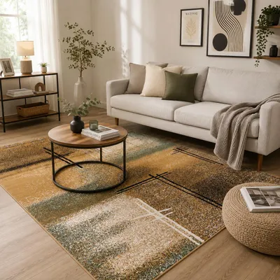 Immagine prodotto di Tappeto design, colore beige con sfumature verdi, dimensioni: 160x230 cm, Immagine generata dall'IA