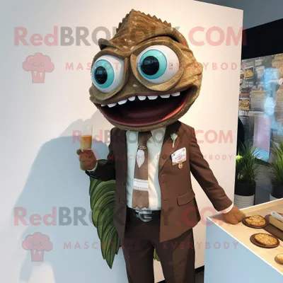 Produktbild von Brauner REDBROKOLY Fisch-Tacos Maskottchen Kostüm charakter gekleidet mit einem Blazer und Anstecknadeln