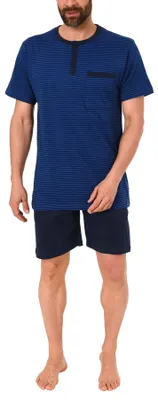 Produktbild von Herren Shorty Pyjama kurzarm in lässiger Streifenoptik und mit Knopfleiste 191 105 90 504 ; marine , 48