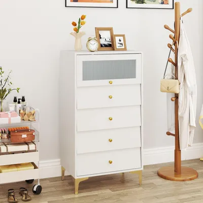Obrázok produktu pre Skriňa do spálne - Komoda - Nočný stolík - Úložná skrinka - Biela s zlatými kovovými nožičkami