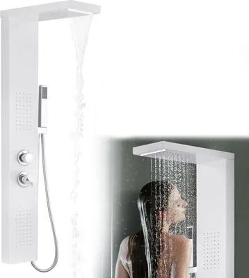 Zdjęcie produktu dla JOIEYOU panel prysznicowy ze stali nierdzewnej 4 w 1 wielofunkcyjny system prysznicowy z deszczownicą, słuchawką prysznicową i dyszami masującymi system prysznicowy do wanny z kranem kolumna prysznicowa do prysznica i wanny, biała