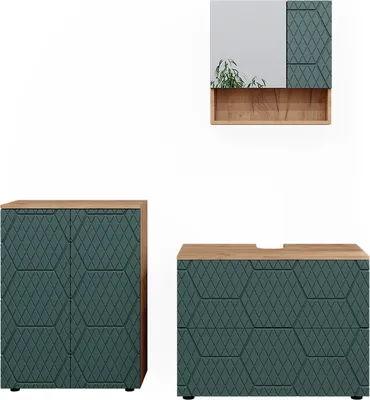 Immagine prodotto di Set mobili bagno Vicco Irma Quercia verde/oro 3 parti, con base 80 cm, Model 47194