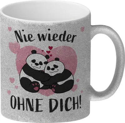 Produktbild von Panda Pärchen Glitzer-Kaffeebecher mit Spruch Nie wieder ohne dich