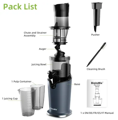 Image de Extracteur de jus à froid - SJ-017 - Moteur de 200W - 40–65 tours par minute - Orifice d'alimentation de 7,8 cm - Permet d'utiliser des fruits entiers - Prise européenne