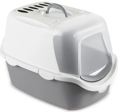 A white and gray covered litter box with a gray base and a transparent gray door.