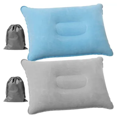 Produktbild von 2 Stück Aufblasbares Kissen für Camping Komfortables Reisekissen Aufblasbar Nackenkissen für Auto Strandkissen Beflockung Kopfkissen Luftkissen Strandkissen mit 2 Kordelzugtaschen für Büro Outdo