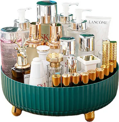 Image de （Vert）Organisateur de maquillage, boîte de rangement de bureau cosmétique pivotant à 360 degrés, bol à parfum rond de grande capacité, adapté aux bijoux, pinceaux