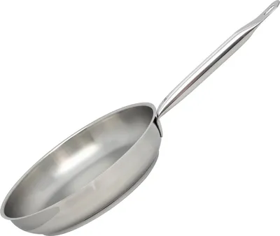 A stainless steel frying pan is shown against a white background.