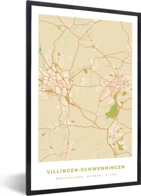 Produktbild von MuchoWow® Gerahmtes Poster Karte - Villingen-Schwenningen - Karte - Stadtplan - Vintage 20x30 cm - Poster mit Schwarzem Bilderrahmen Wandposter Rahmen Foto Bilder - Drucken - Bilder Poster im Rahmen
