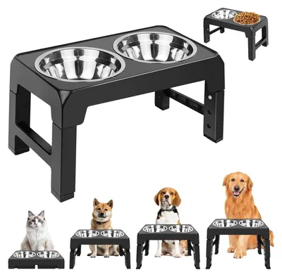 Image de Supports surélevés pour gamelles - Ensemble de supports de gamelles réglables - 4 hauteurs - 2 gamelles en acier inoxydable de 1,2 litre - Pour la nourriture et l'eau - Ergonomique - 44x24 cm
