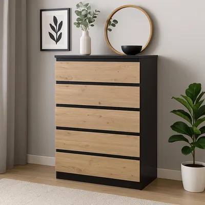 Produktbild von Kommode mit 5 grifflosen Schubladen Schwarz Artisaneiche