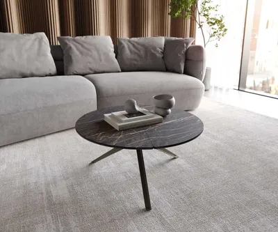 Produktbild von DELIFE Couchtisch Delron 70x70 cm Keramik Laminam®Noir Desir Braun Kreuzfuß Flach Metall Effektfinish Titan