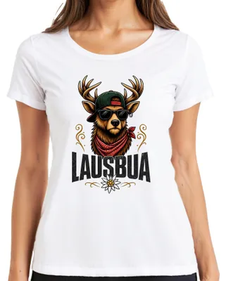 Immagine prodotto di Jausenbua Hirsch Alpen Bayern Edelweiss: Abbigliamento tradizionale bavarese, pantaloni in pelle, maglietta da donna, bianca, taglia 3XL
