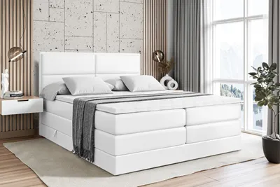 Produktbild von ALTDECOR Boxspringbett mit 2 Matratzen und Topper - 140x200 cm - AURA KING - Weiß Kunstleder - Polsterbett mit, H3- und H4- Matratzen, Bettkasten und Lattenrost, Bett mit Stauraum