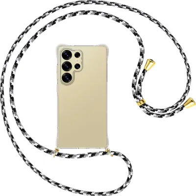 Produktbild von Handykette Backcover-Schutzhülle mit Band (Metall goldfarben) für Samsung S25 Ultra - schwarz/grau/weiß