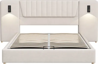 Produktbild von Polsterbett 180x200cm Doppelbett（Ohne Matratze）Beige Samt Hydraulisches Stauraumbett Extralanger Rückenlehne mit Leselampe und USB-Ladeanschluss