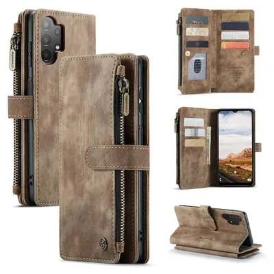 Collage of images showing a brown leather wallet-style phone case for a Samsung Galaxy A13 4G.