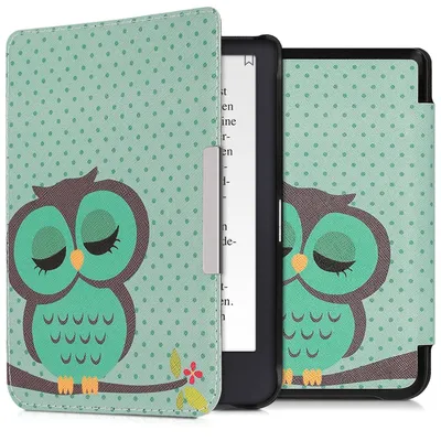 Produktbild von kwmobile Schutzhülle für Tolino Shine 3 Hülle - eReader Flip Case mit Auto Sleep Funktion - Eule Schlaf mit Türkis Braun Mintgrün