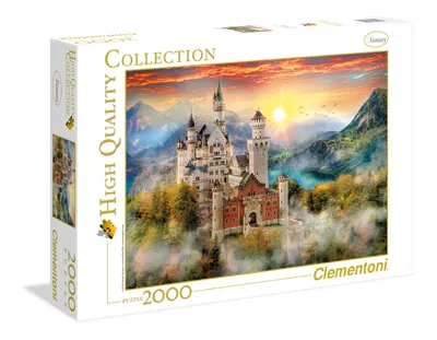 A puzzle box featuring a scenic image of a castle at sunset.