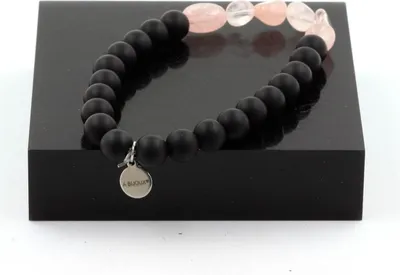 Immagine prodotto di Bracciale di quarzo rosa brasiliano + perle di onice nero opaco 8 mm