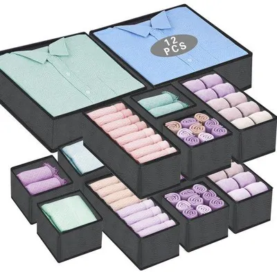 Immagine prodotto di Organizer da guardaroba per biancheria intima, a 12 scomparti, contenitore in tessuto pieghevole, organizer per vestiti, grigio